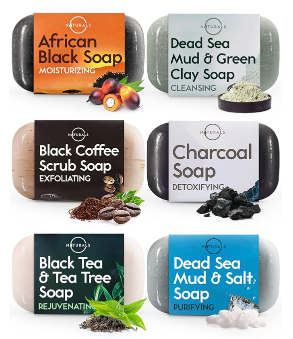 O Naturals 6 PCS Black Soap - Women & Men's Bar Soap, Father's Day Gifts, Men's Soap Bar, African Black Soap w/Moisturizing Shea Butter, Charcoal Soap, Organic & Natural Soap for Men & Women, 4oz